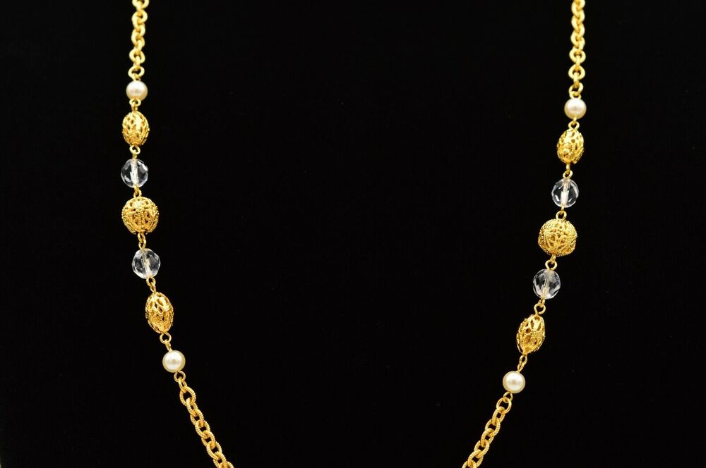 Graziano Vintage Station Necklace Strand Faux Pearl Crystal Gold Signed 9J